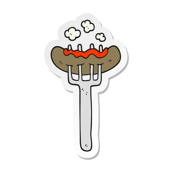 Sticker of a cartoon sausage on fork — Stock Vector