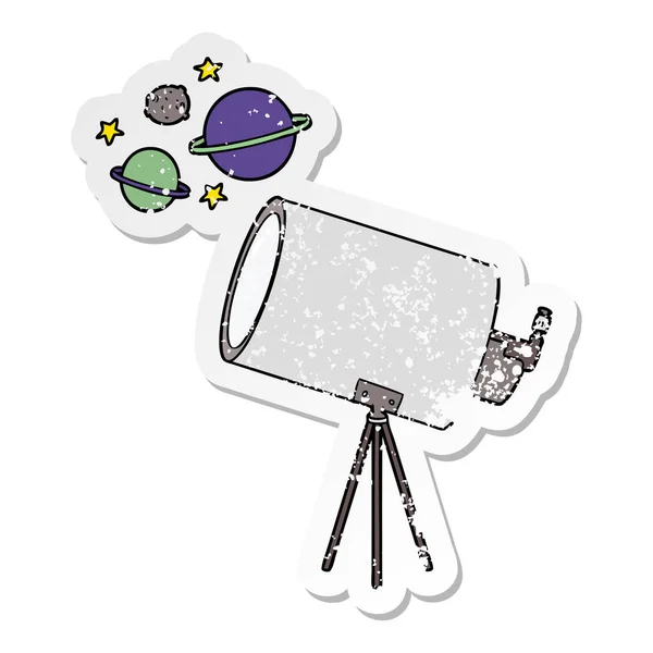 Distressed Sticker Cartoon Telescope Looking Planets — Stock Vector