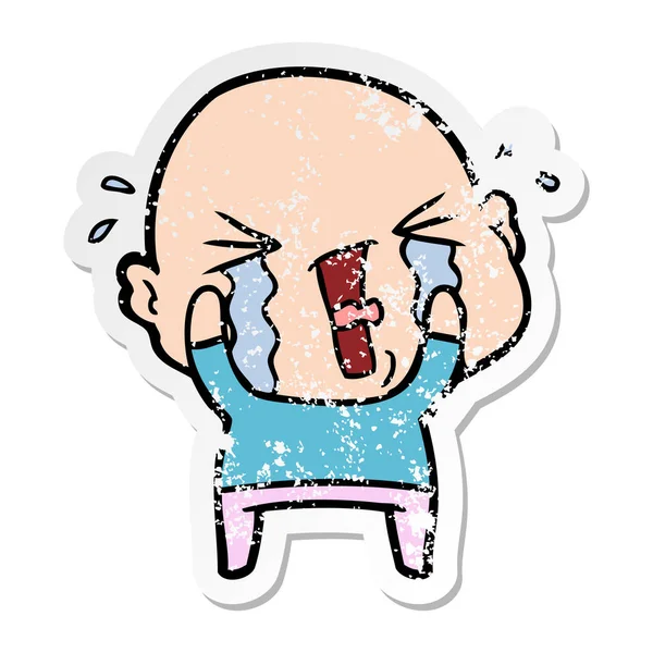 Distressed Sticker Cartoon Crying Bald Man — Stock Vector