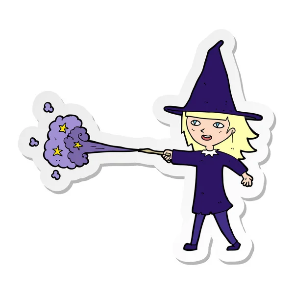 Sticker Cartoon Witch Girl Casting Spell — Stock Vector