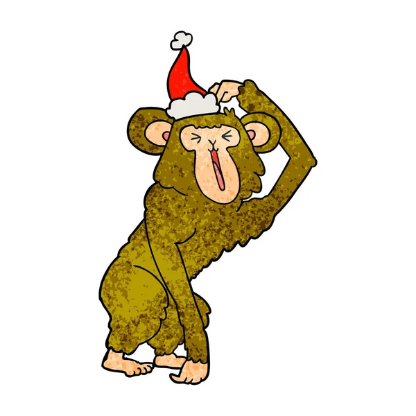 Handgezeichnete Texturierte Karikatur Eines Schimpansen Mit Kratzendem Kopf Und Weihnachtsmütze — Stockvektor