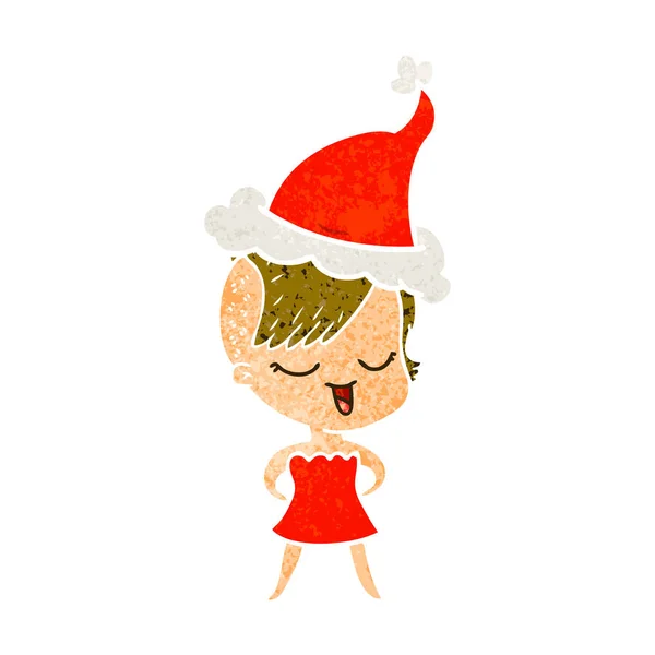 Ευτυχισμένος ρετρό γελοιογραφία ενός κοριτσιού στο φόρεμα δεξίωσης φορώντας santa χα — Διανυσματικό Αρχείο