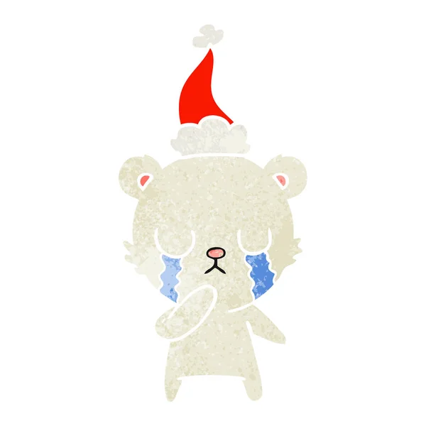 Crying Polar Bear Hand Drawn Retro Cartoon Wearing Santa Hat — Stock Vector