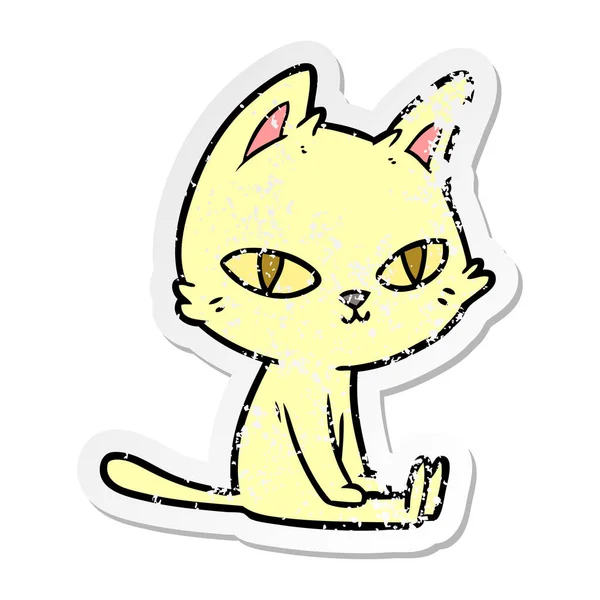 Oturan Bir Karikatür Kedi Sıkıntılı Etiket — Stok Vektör