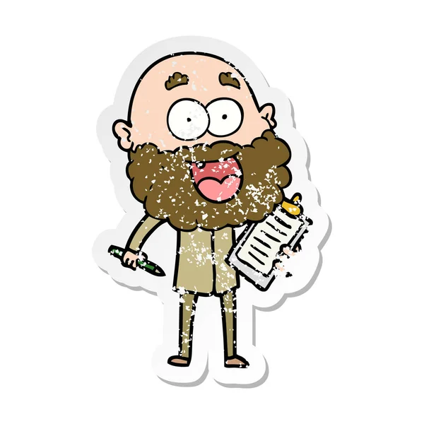 Verontruste sticker van een cartoon gek gelukkig man met baard en c — Stockvector