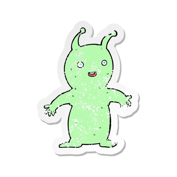 Retro Noodlijdende Sticker Van Een Cartoon Gelukkig Weinig Alien — Stockvector