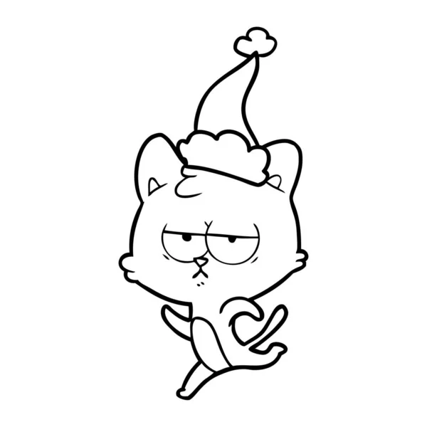 Dessin de ligne ennuyé d'un chat portant un chapeau de Père Noël — Image vectorielle