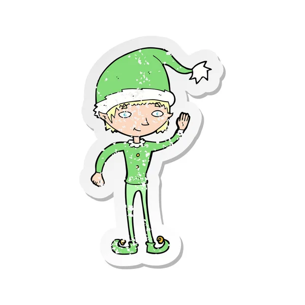 Retro distressed sticker of a cartoon waving christmas elf — Stock Vector