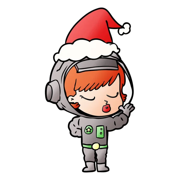 Színátmenet karikatúra egy szép űrhajós lány viselt santa kalap — Stock Vector