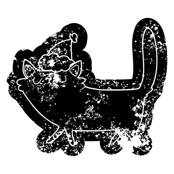 Egendomliga Tecknad Nödställda Ikonen Svart Katt Som Santa Hatt — Stock vektor