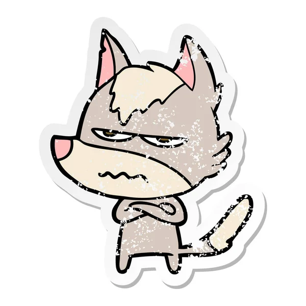 Distressed Sticker Cartoon Annoyed Wolf — Stock Vector