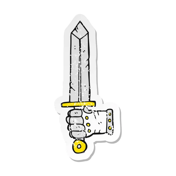Retro Nödställda Klistermärke Cartoon Hand Hålla Svärdet — Stock vektor