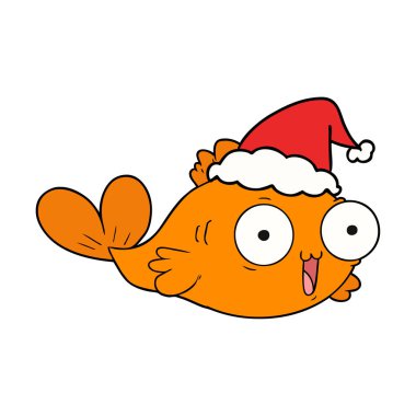 Mutlu Akvaryum balığı çizgi çizme giyen Noel Baba şapkası