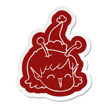 Noel Baba şapkası giyen bir uzaylı uzay kız yüz ilginç çizgi film etiketi