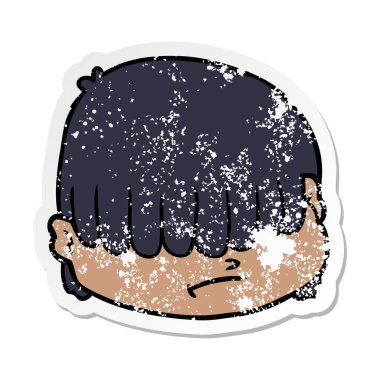 bir çizgi film yüz saç üzerinde gözleri ile sıkıntılı etiket