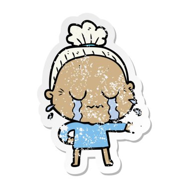 bir çizgi film ağlayan yaşlı kadının sıkıntılı etiket