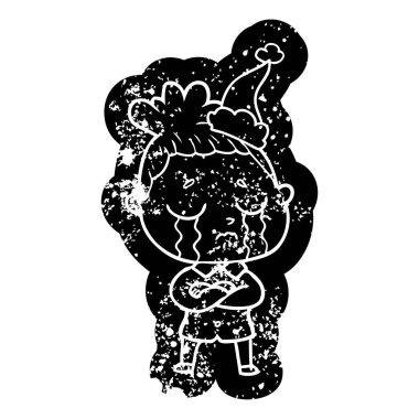 Noel Baba şapkası giyen bir ağlayan kadın ilginç karikatür sıkıntılı simgesi