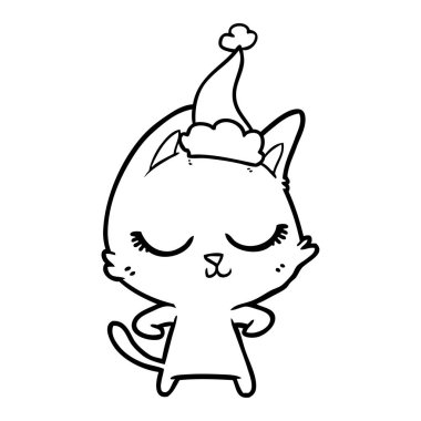 el çizilmiş çizim için Noel Baba şapkası giyen bir kedi sakin