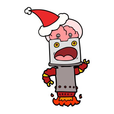 çizim için Noel Baba şapkası giyen bir robot el çekilmiş