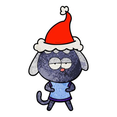 dokulu karikatür sıkılmış bir köpek Noel Baba şapkası giyen el çekilmiş