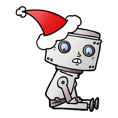 Noel Baba şapkası giyen bir robot degrade çizgi film el çekilmiş