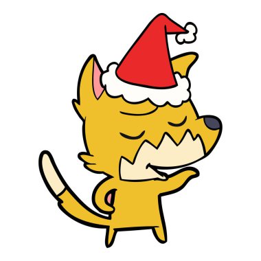 çizim için Noel Baba şapkası giyen bir tilkinin dostu el çekilmiş