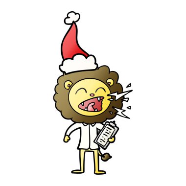 Noel Baba şapkası giyen kükreyen aslan doktor degrade çizgi film el çekilmiş