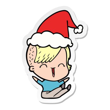 etiket karikatür Noel Baba şapkası giyen bir mutlu hippi kız el çekilmiş
