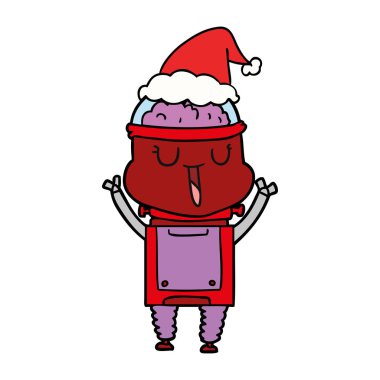 Noel Baba şapkası giyen bir robot mutlu çizgi çizme