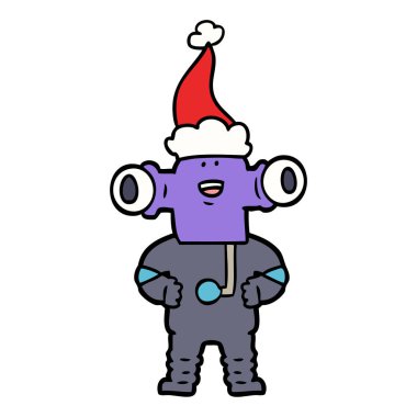 çizim için Noel Baba şapkası giyen bir uzaylı dostu el çekilmiş