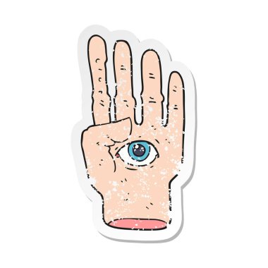 Çizgi Film ürkütücü el göz küresi ile Retro sıkıntılı etiket