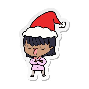 etiket karikatür Noel Baba şapkası giyen bir kadın el çekilmiş