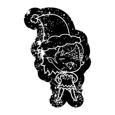 Noel Baba şapkası giyen bir ölümsüz vampir kız ilginç karikatür sıkıntılı simgesi