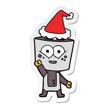 Noel Baba şapkası giyen bir robot sallayarak Hello etiket karikatür mutlu el çekilmiş