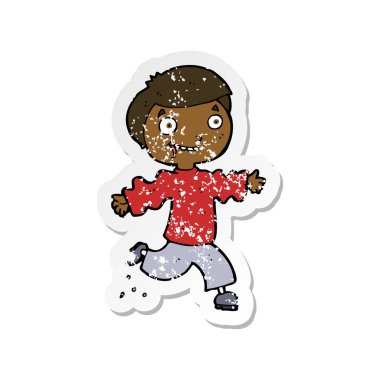 Retro sıkıntılı etiket bir çizgi film heyecanlı çocuk