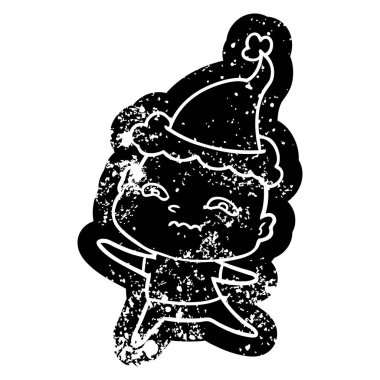 Noel Baba şapkası giyen bir gergin adam karikatür sıkıntılı simgesi