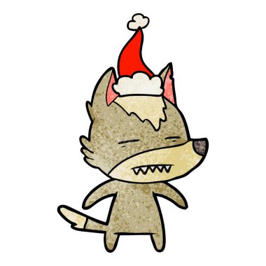 Noel Baba şapkası giyen diş gösterilen kurt dokulu çizgi film el çekilmiş