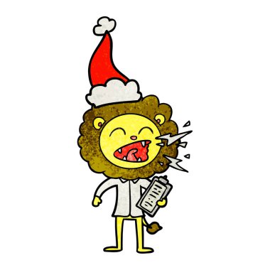 Noel Baba şapkası giyen kükreyen aslan doktor dokulu çizgi film