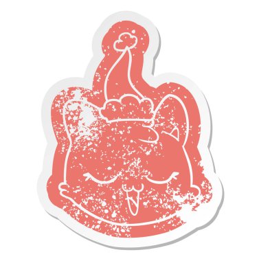 Noel Baba şapkası giyen bir kedi yüz sıkıntılı Etiket cartoon