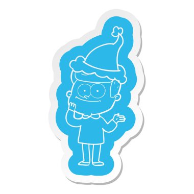 Noel Baba şapkası giyen mutlu bir adamın ilginç çizgi film etiketi