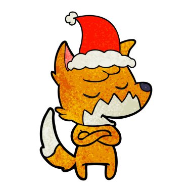 Noel Baba şapkası giyen bir tilkinin dokulu çizgi film dostu el çekilmiş