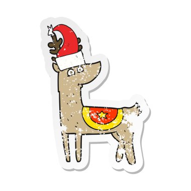Noel giyen bir karikatür Ren geyiği Retro sıkıntılı etiket