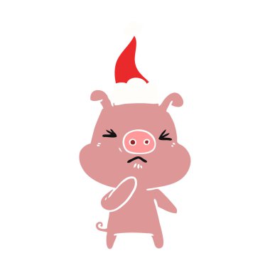 düz renk resimde kızgın domuz Noel Baba şapkası giyen bir el çekilmiş
