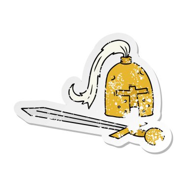 etiket karikatür doodle bir ortaçağ kask ve kılıç sıkıntılı