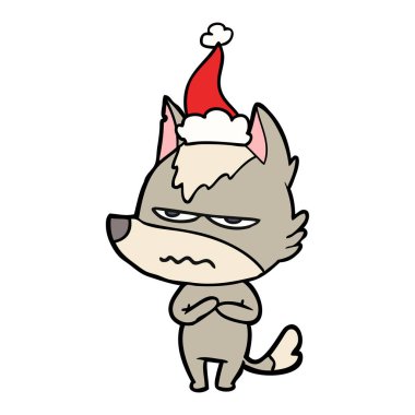 çizim için Noel Baba şapkası giyen rahatsız kurt