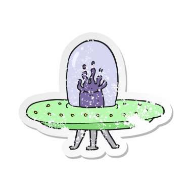 Retro sıkıntılı etiket bir karikatür uçan daire