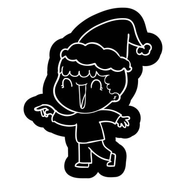 ilginç çizgi film simgesi giyen Noel Baba şapkası işaret eden bir adam gülüyor