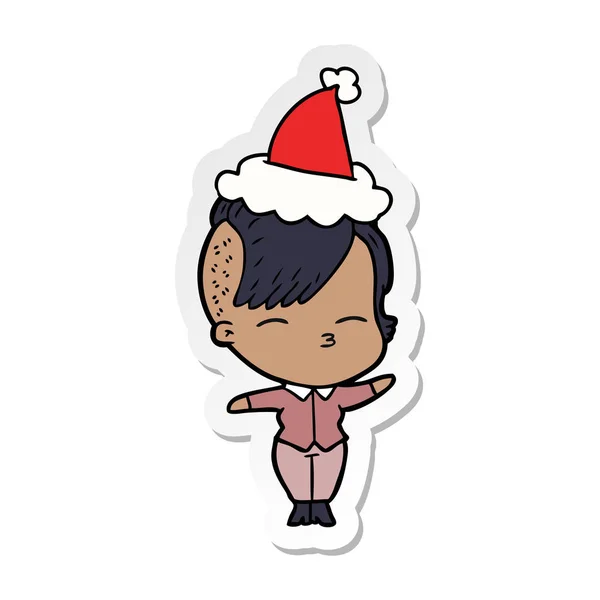 Handgezeichnete Sticker Karikatur Eines Schielenden Mädchens Mit Weihnachtsmütze — Stockvektor