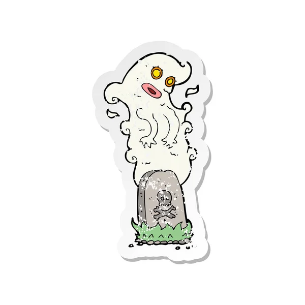 Pegatina Retro Angustiado Fantasma Dibujos Animados Que Levanta Tumba — Vector de stock