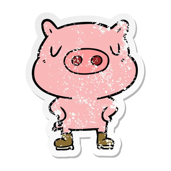 Distressed Sticker Cartoon Pig Wearing Boots — Stock Vector